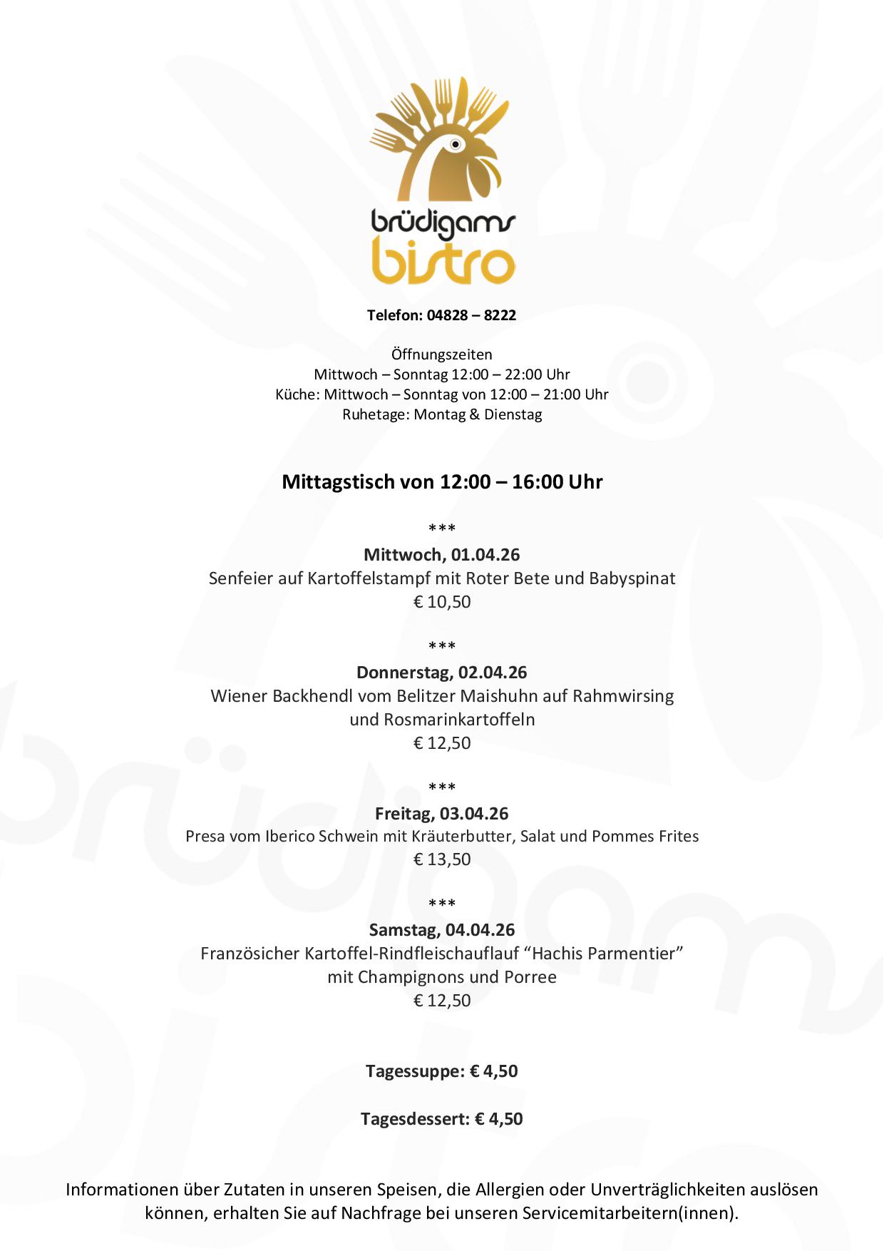 Brüdigams Bistro - Mittagstisch - 01. - 04.04.2026