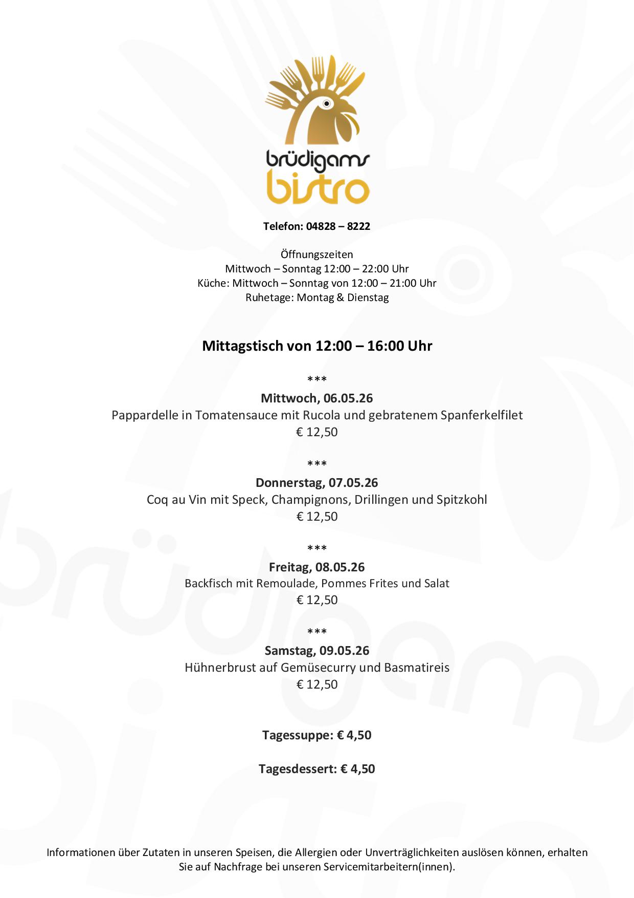 Brüdigams Bistro - Mittagstisch - 06. - 02.05.2026